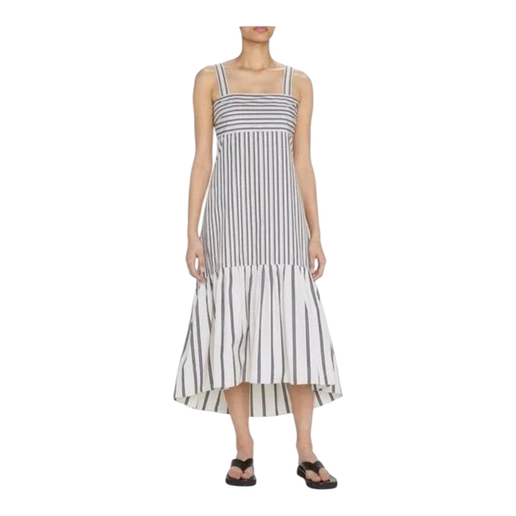 Theory Tie Back Midi Dress Med Ventura Stripe Wht Bone/Black Supima Ctn - Picture 1 of 11